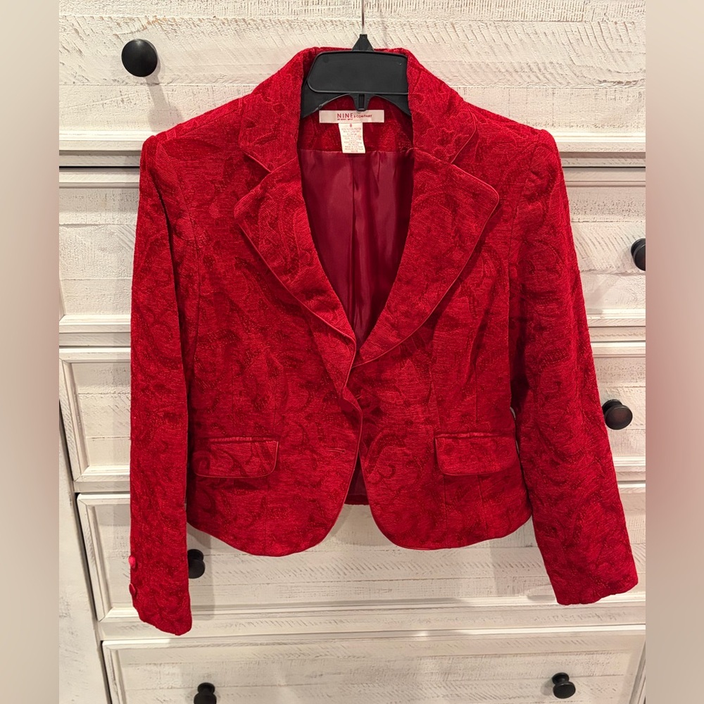 Nine & Company by Nine West Red Jacquard Cropped Blazer Y2K Tailored Jacket | 8